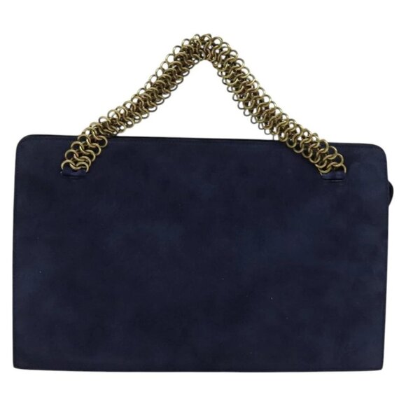 PRADA Chain Hand Bag Suede Navy Gold Auth yk17929 - Picture 2 of 16